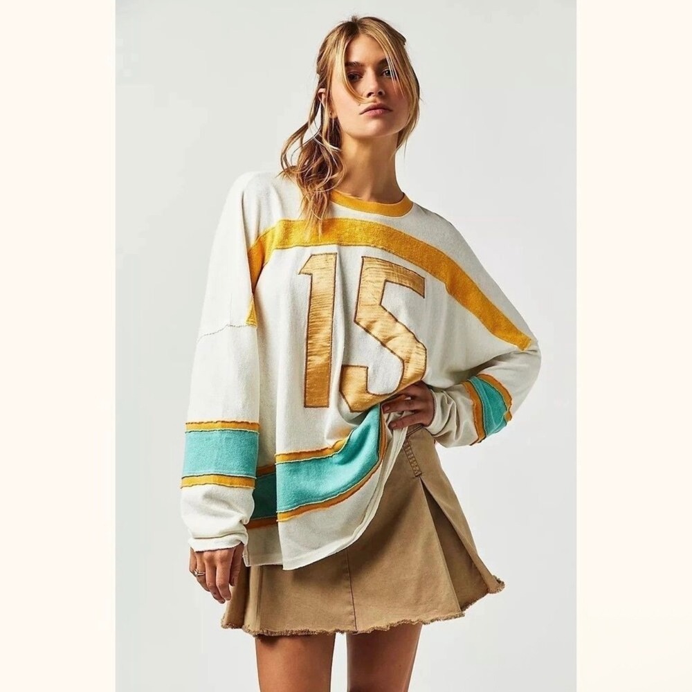 Free People We The Free Long Sleeve Sports Tee Tunic Top Blue Yellow Metallic XS